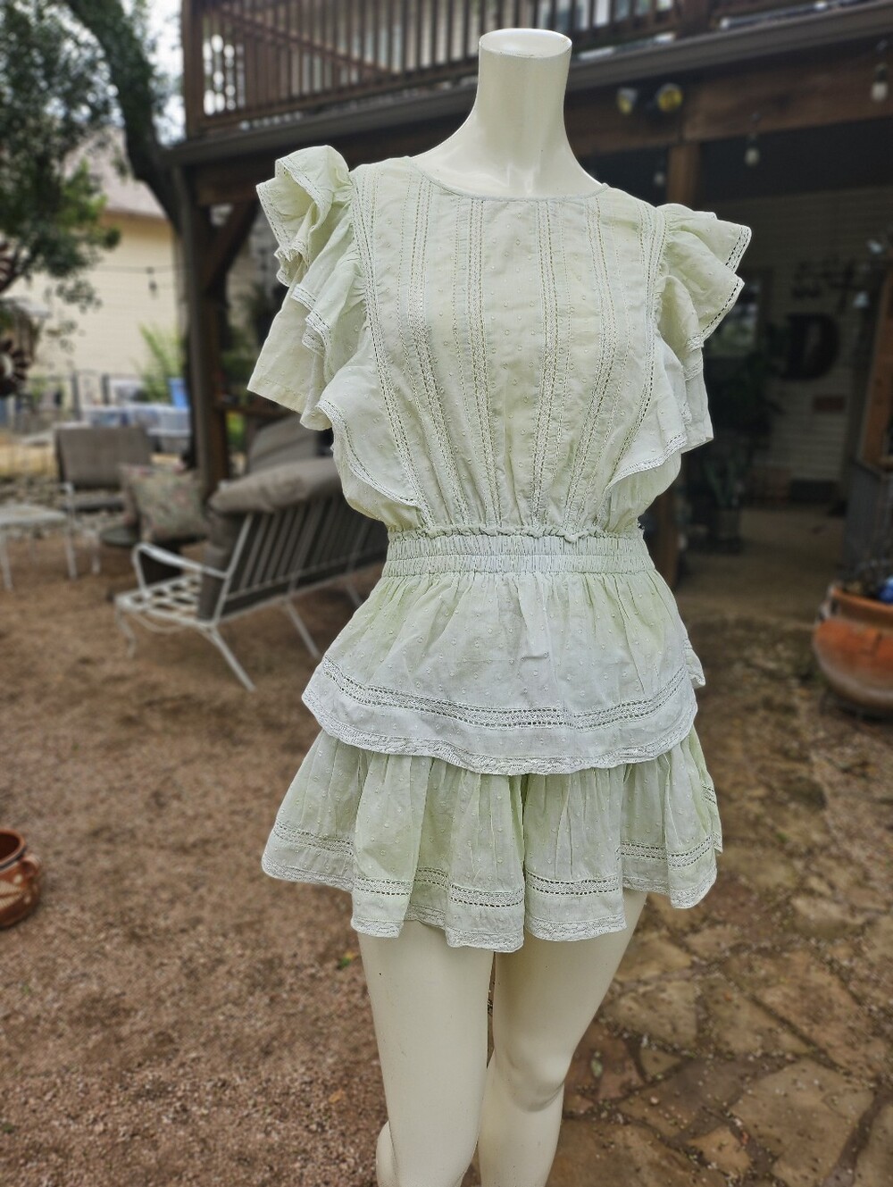 Love Shack Fancy Pale Green Distressed Cotton Tiered Mini Dress Small